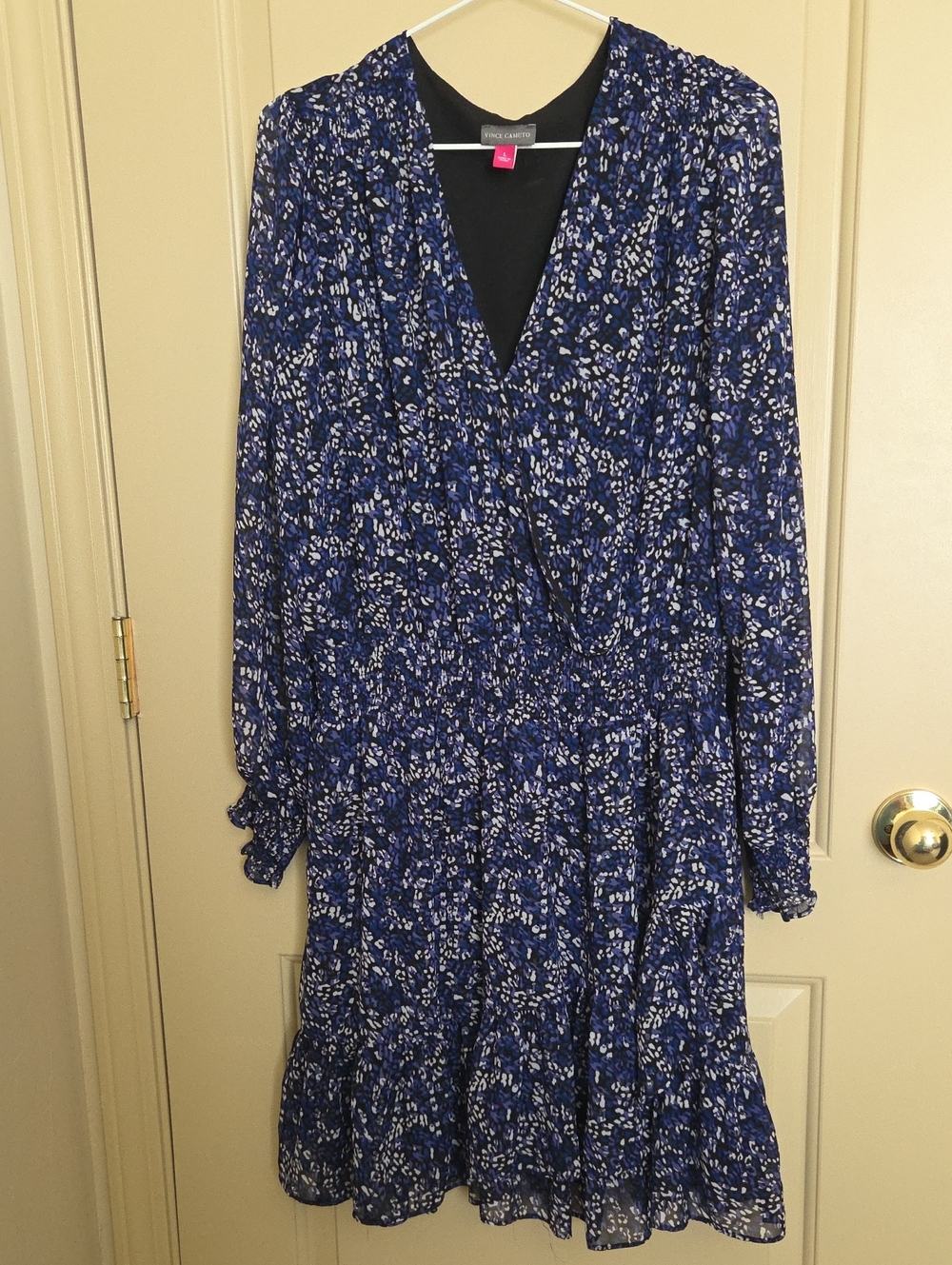 Vince Camuto Navy and White Floral Long Sleeve Wrap Dress